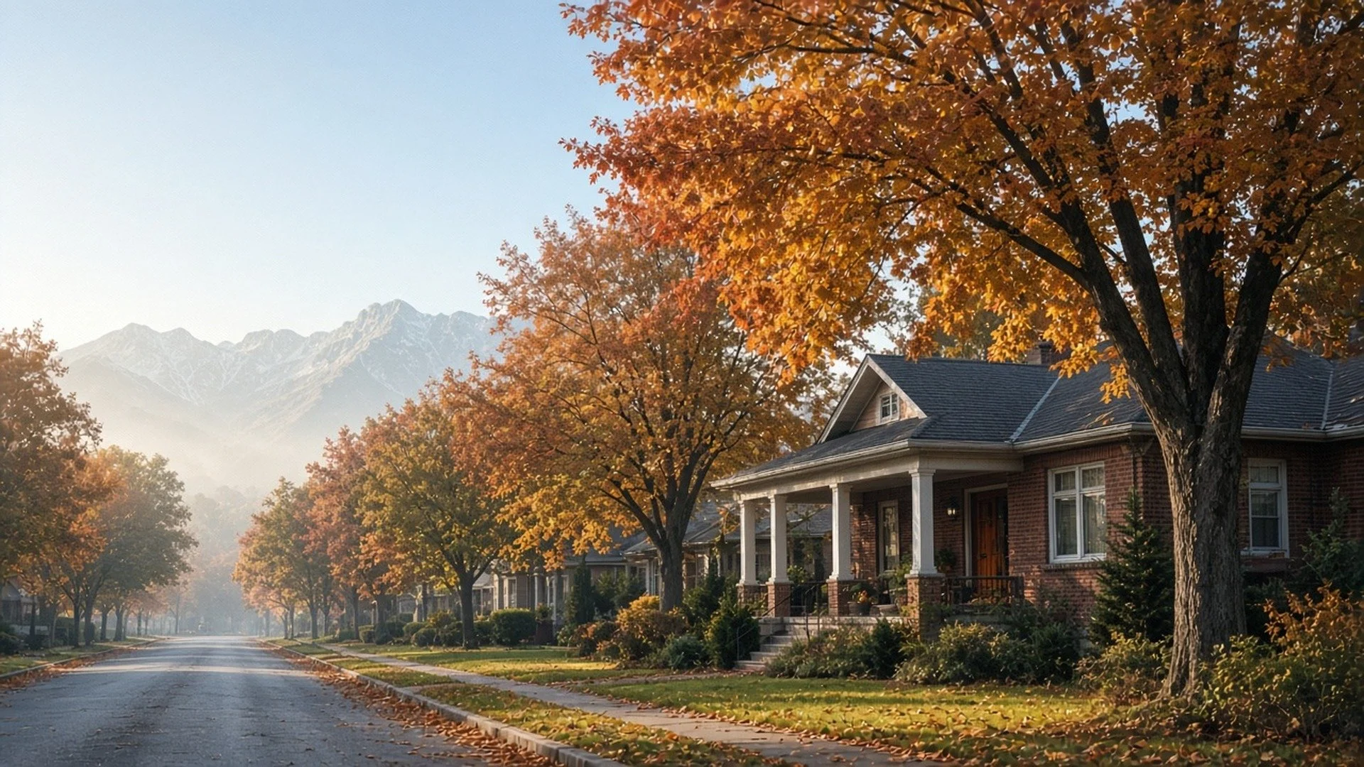 A tree-lined Holladay street with a brick bungalow and bright fall maples beneath rugged mountain peaks