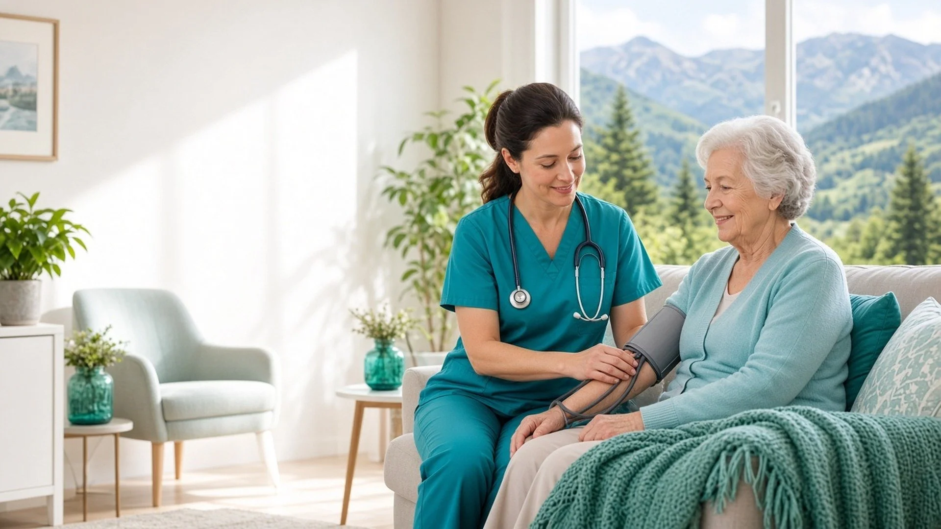 A clinician checks an older woman's blood pressure in a bright assisted-living apartment in Midvale with a summer mountain view