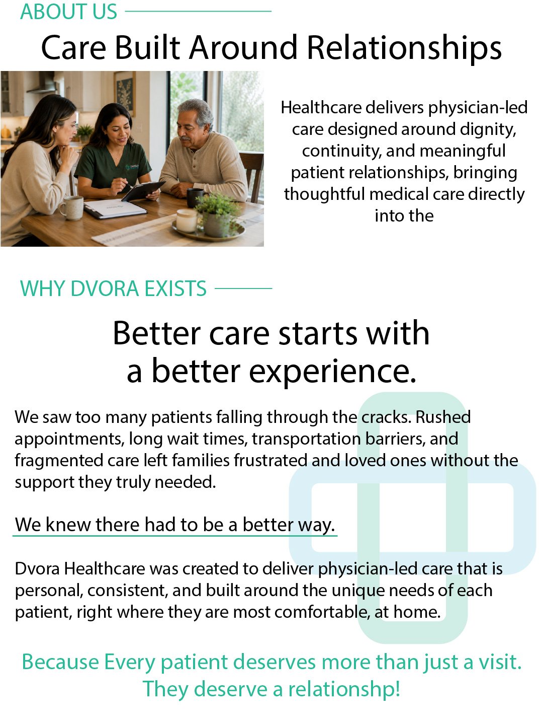 A webpage with an 'About Us' section titled 'Care Built Around Relationships,' featuring a photo of three people at a table, discussing medical or healthcare matters, with text about the importance of patient relationships in healthcare.