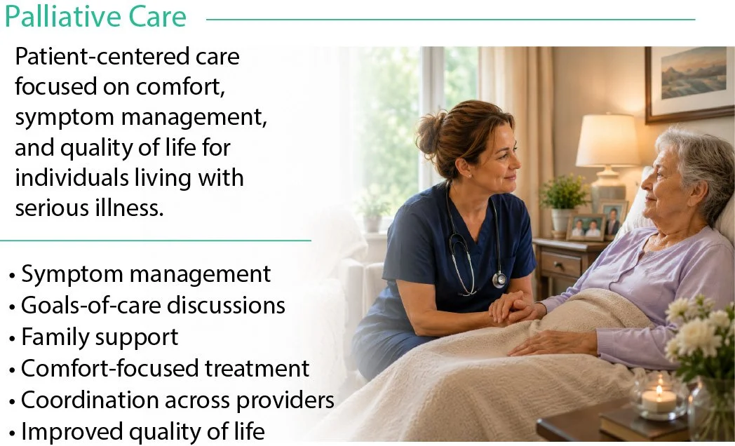 A nurse or caregiver sitting next to an elderly woman lying in bed, holding her hand and engaging in a caring conversation in a cozy, well-lit room.