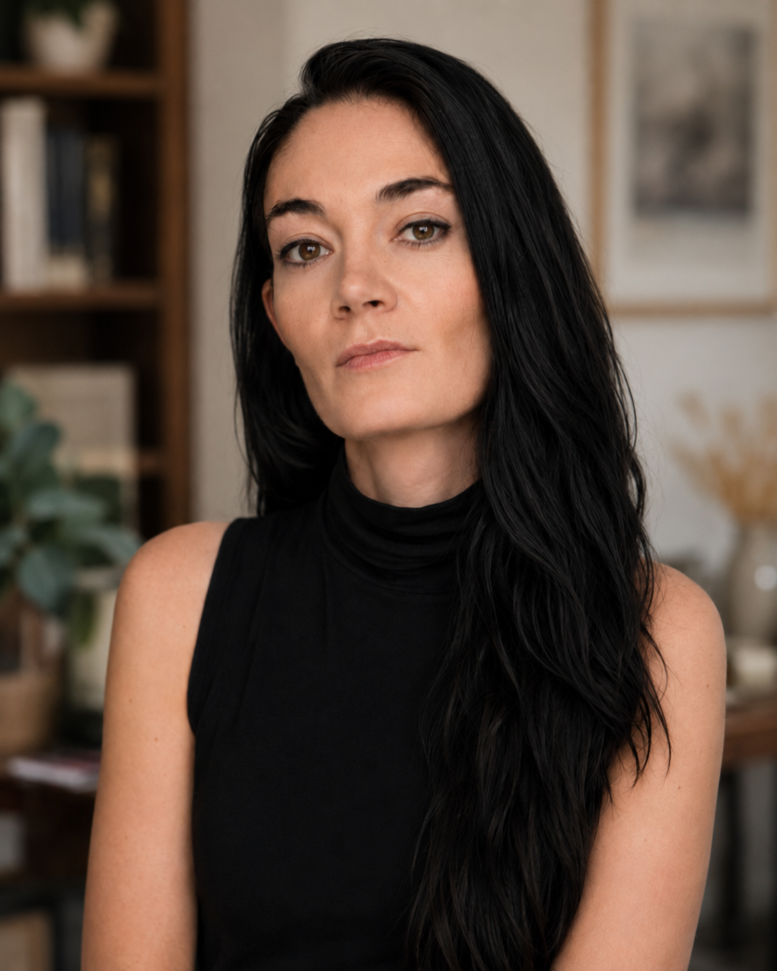 Photo of author Abigail Mangin. Woman with long black hair wearing a black sleeveless turtleneck in an indoor setting with bookshelves and framed artwork in the background.
