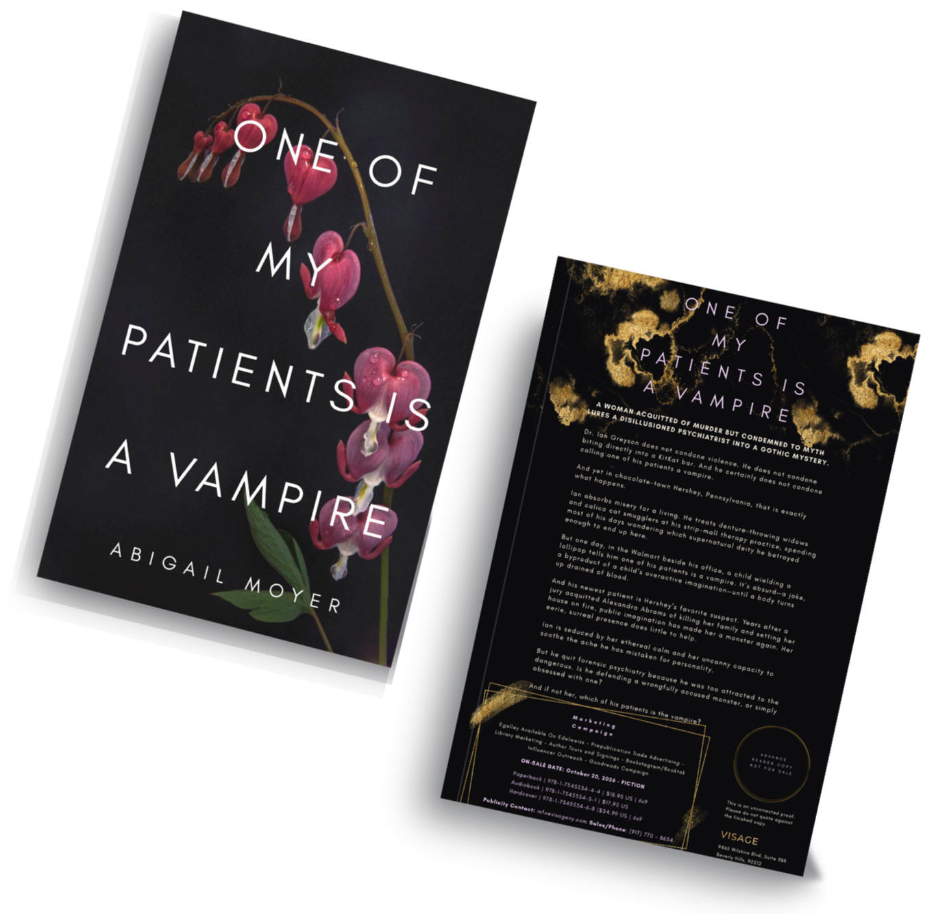 Book cover titled "One of My Patients is a Vampire" by Abigail Moyer, featuring a dark background with pink bleeding heart flowers.