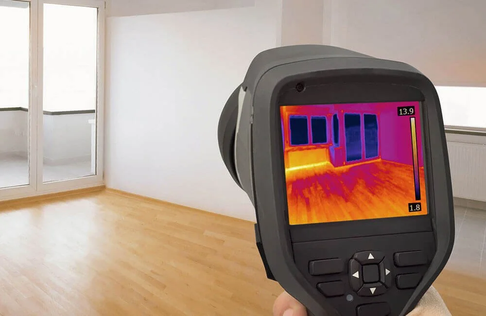 A thermal imaging camera showing the warmth of an empty room with wooden flooring and white walls, with windows and a door leading to a balcony.