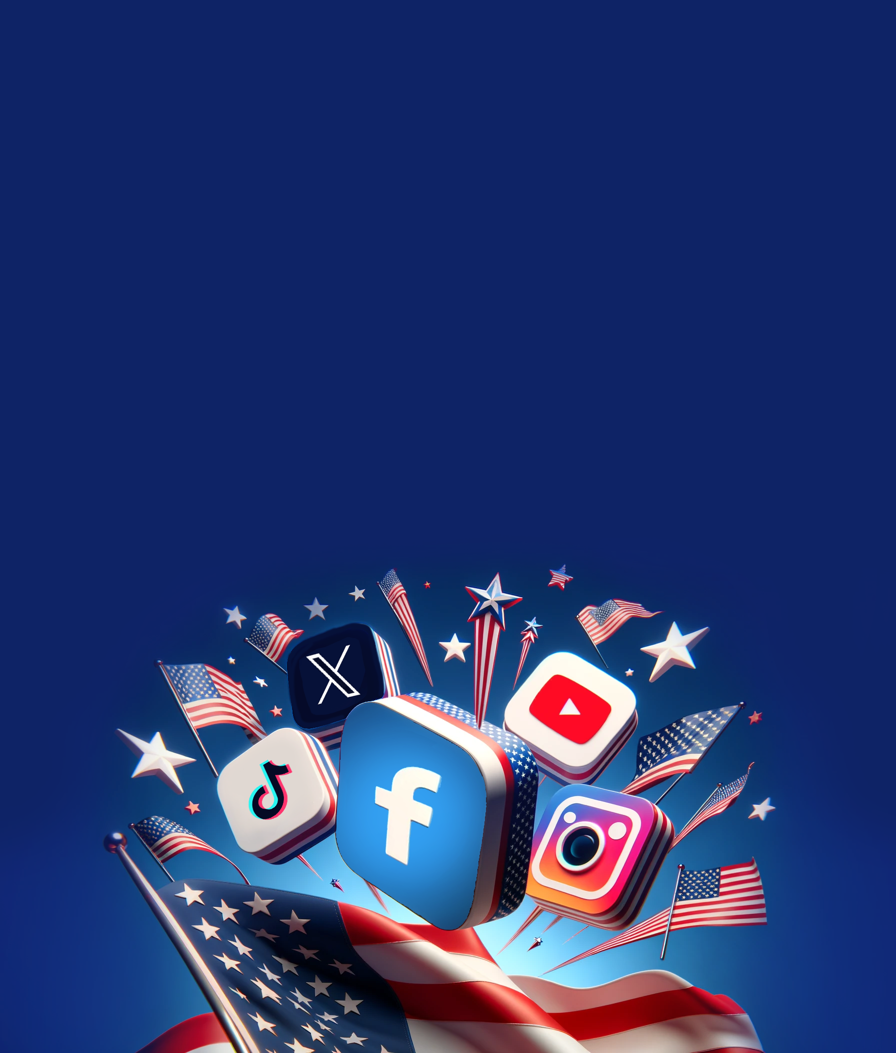 A digital illustration featuring an American flag with stars and stripes, along with floating icons of popular social media app logos such as Facebook, Twitter, TikTok, YouTube, Instagram, and Snapchat, against a deep blue background.