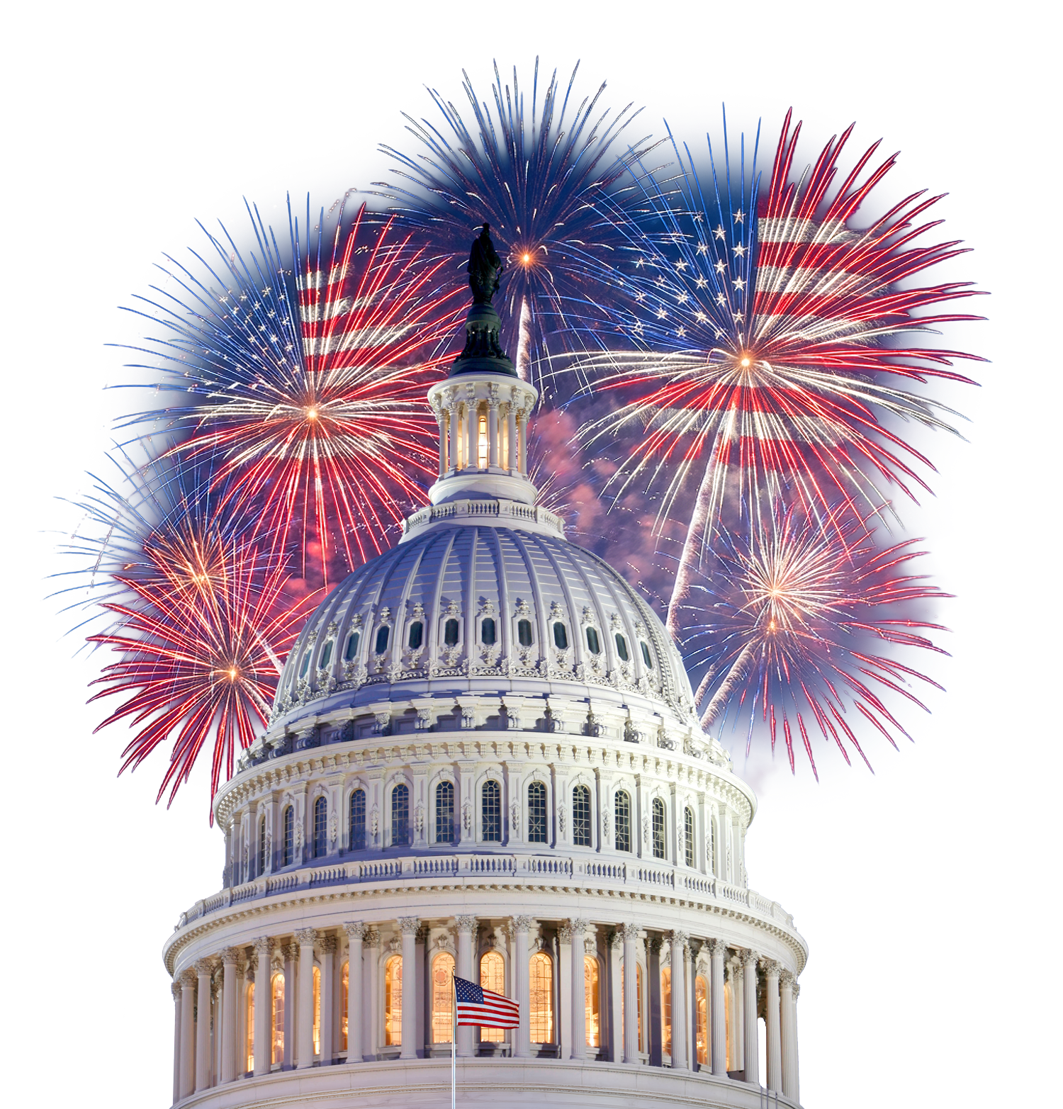 Fireworks explosion behind the United States Capitol building at night with an American flag in front.