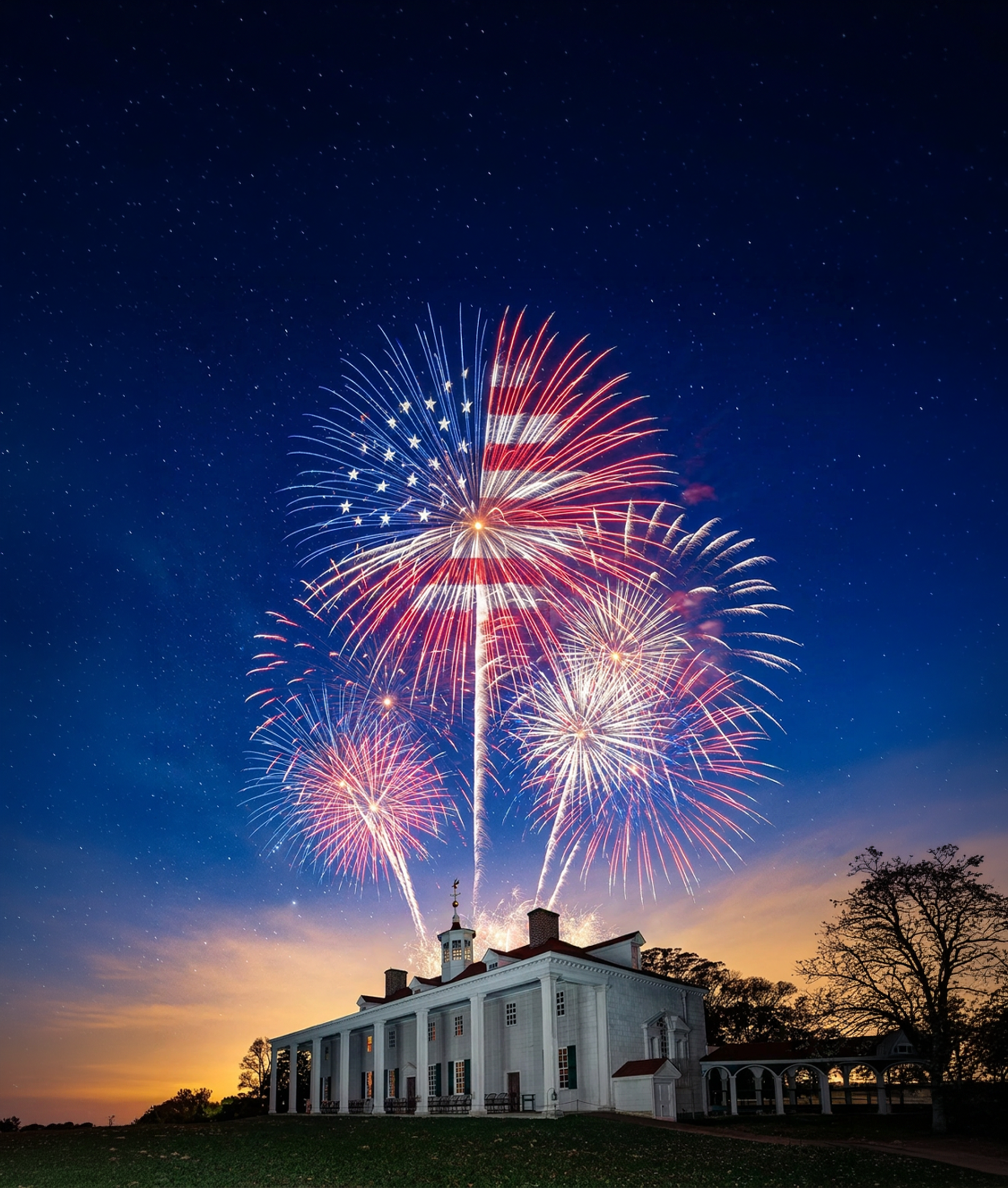 Fireworks light up the night sky above a large, white, historic mansion-style building with a red roof and a tower, with trees and a sunset in the background.