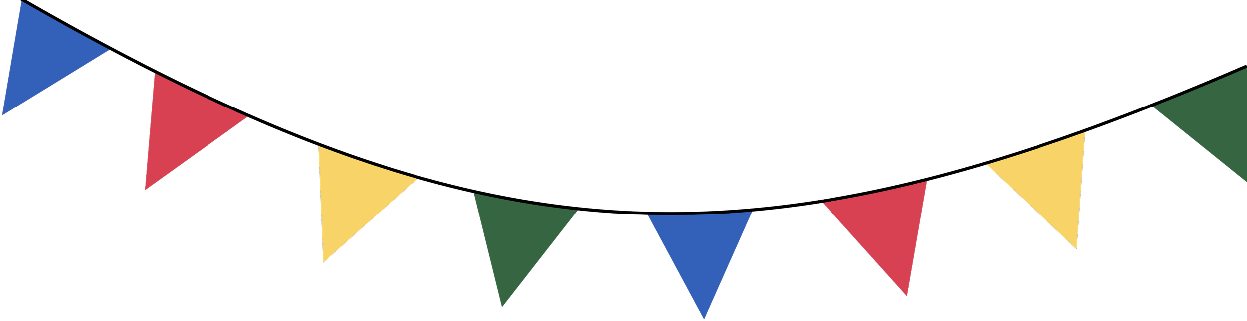 Colorful triangular pennant flags in red, blue, green, and yellow hanging against a black background.