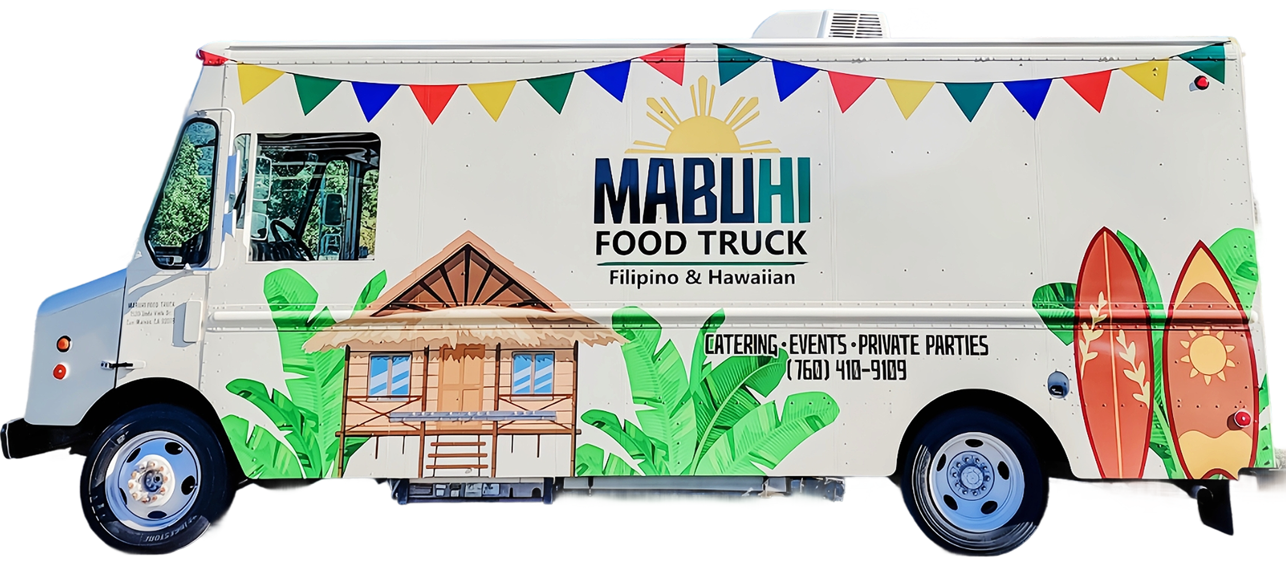 A food truck decorated with colorful banners, tropical images, a hut, and surfboards. The truck advertises Filipino and Hawaiian cuisine, catering, events, and private parties.