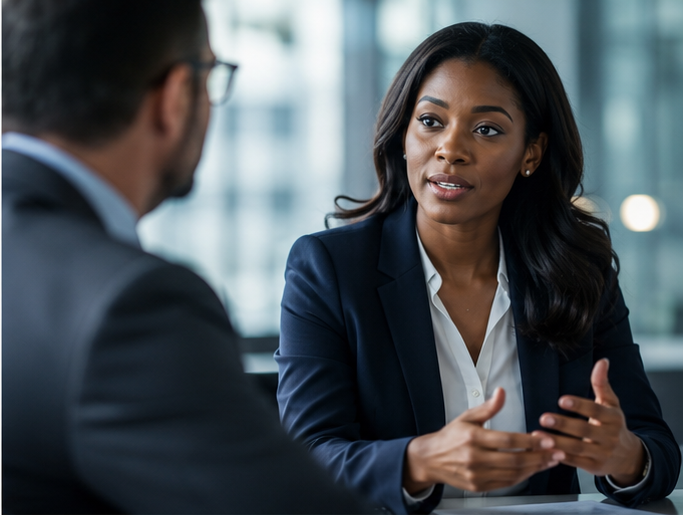 A woman with dark hair and a navy blazer engaging in a serious conversation with a man in a business suit inside a modern office building.