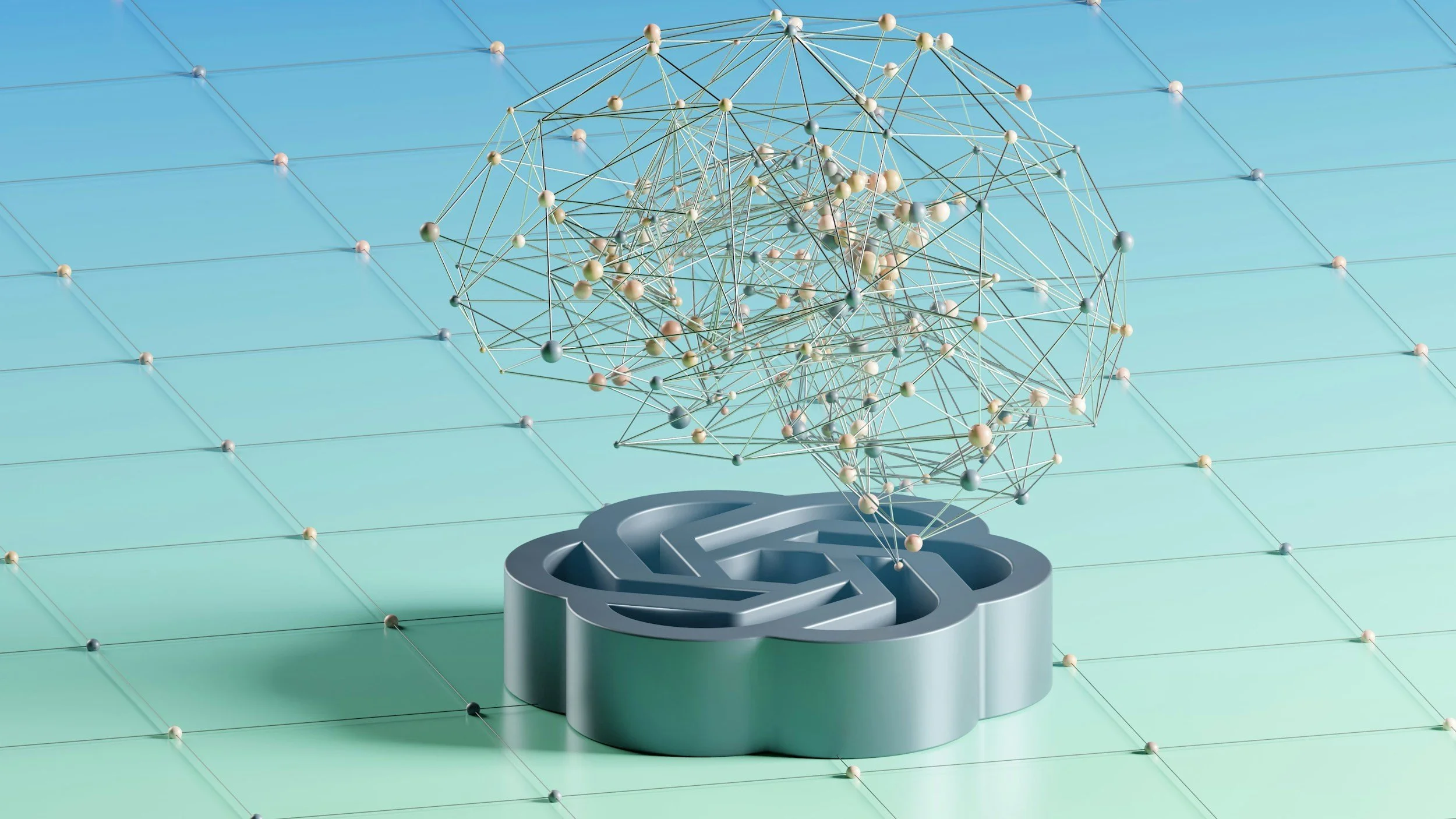 A digital graphic showing a 3D wireframe brain with interconnected nodes emerging from a metallic maze base, set against a light blue grid background.