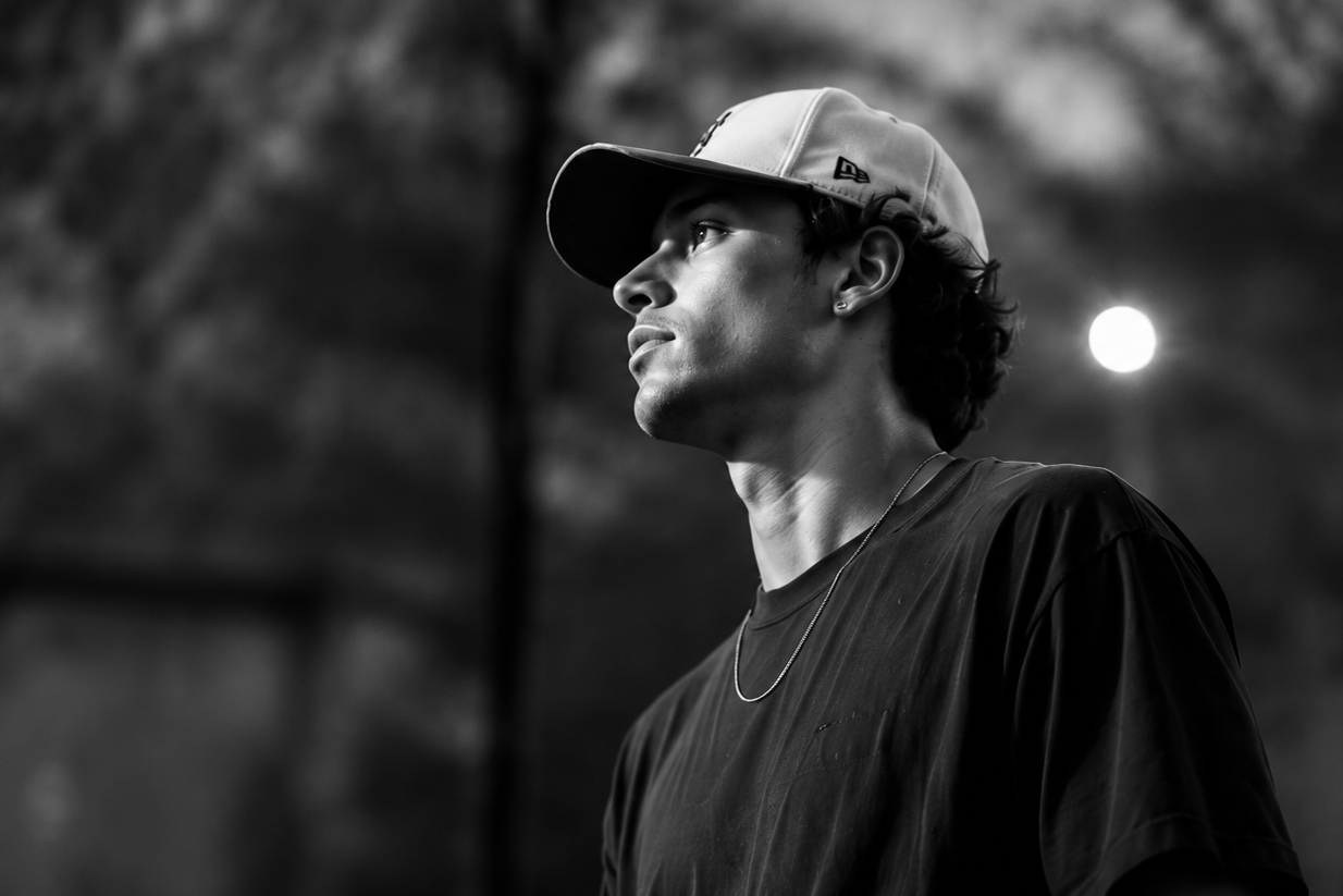 A young man in a baseball cap and t-shirt looking to the side in an outdoor setting with blurred trees and a bright light in the background.