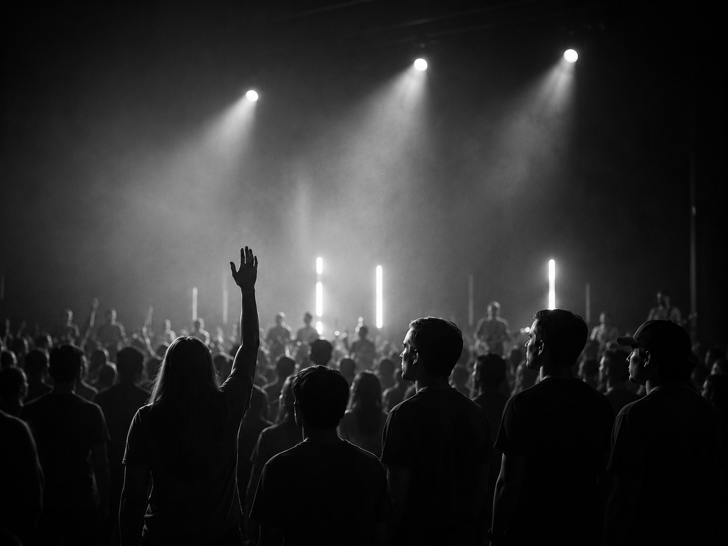 Black and white photo of a concert with a crowd, one person raising their hand, stage lights, and musicians performing in the background.