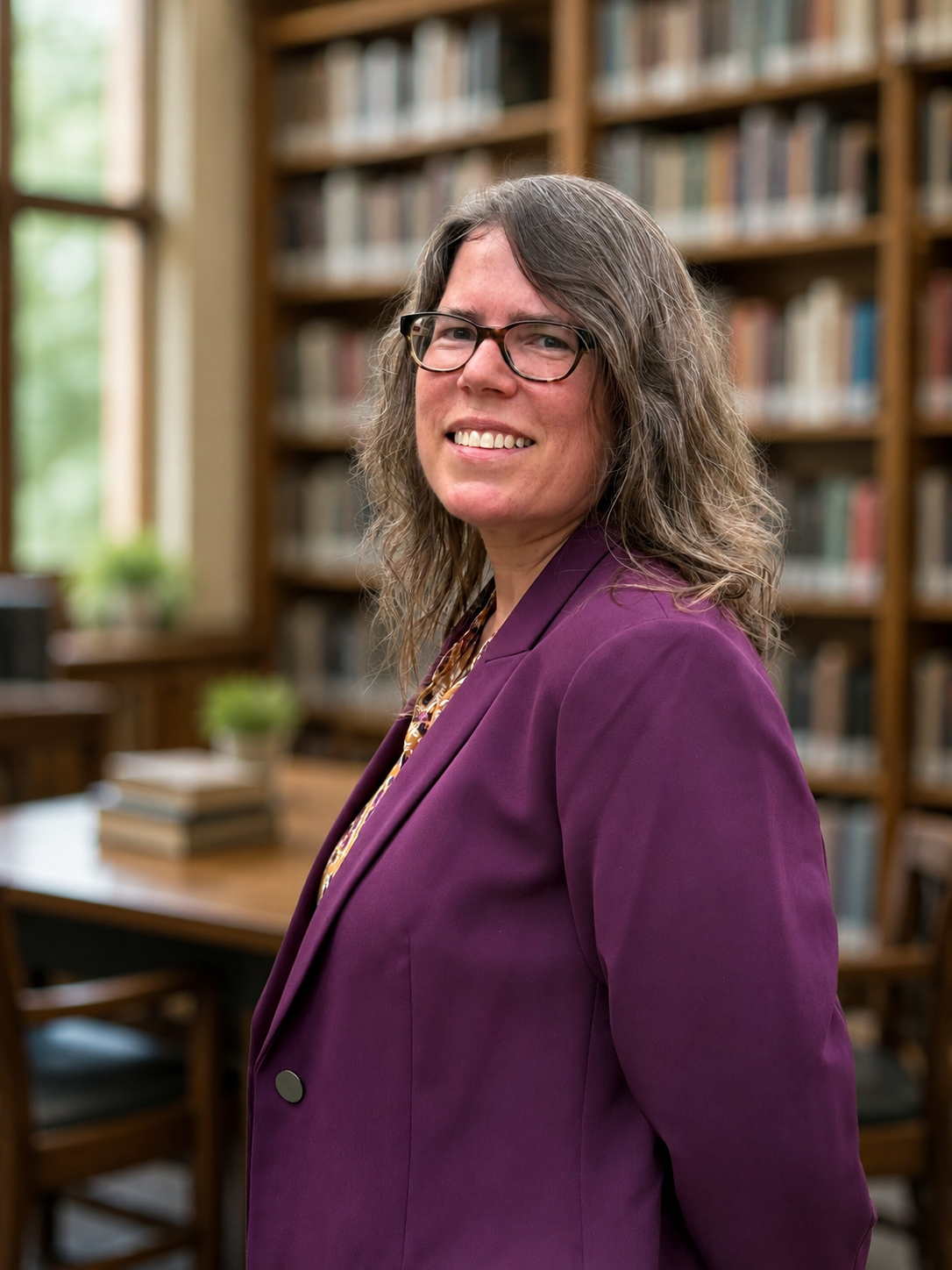 Chris McEwen standing in a library with a table and books in the background. Chris is a white woman with shoulder length brown hair wearing a purple blazer.