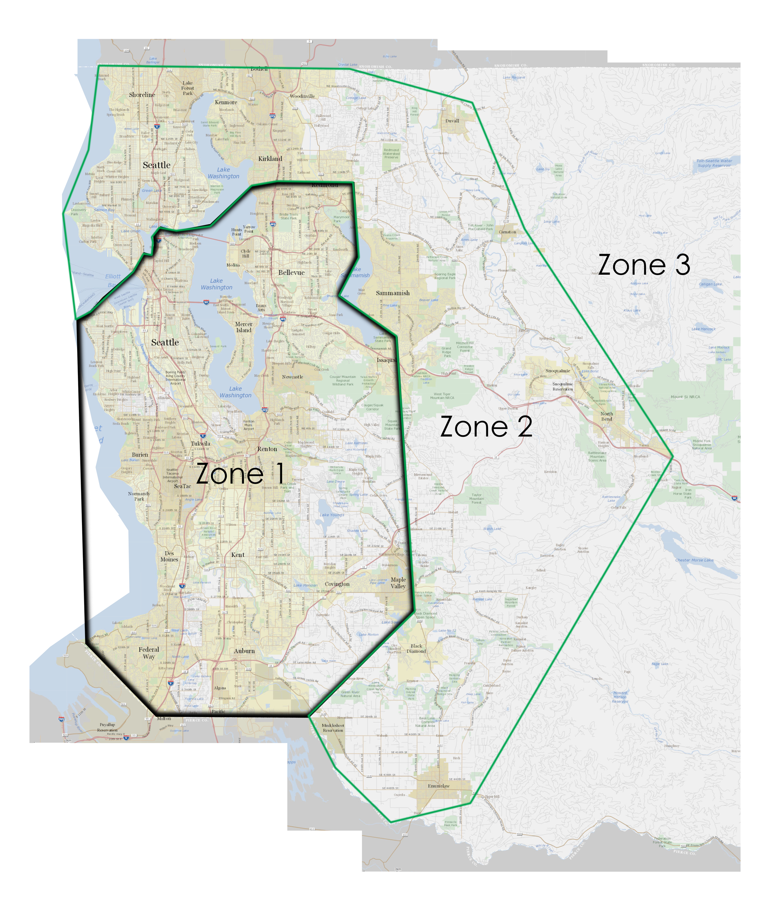 Map of Seattle and surrounding King County, WA, areas with service areas labeled Zone 1, Zone 2, and Zone 3.