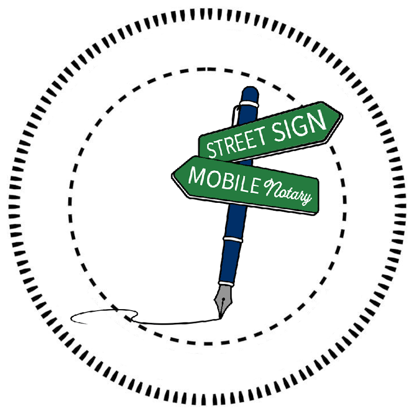Company logo, a fountain pen in motion topped with street signs saying STREET SIGN MOBILE NOTARY