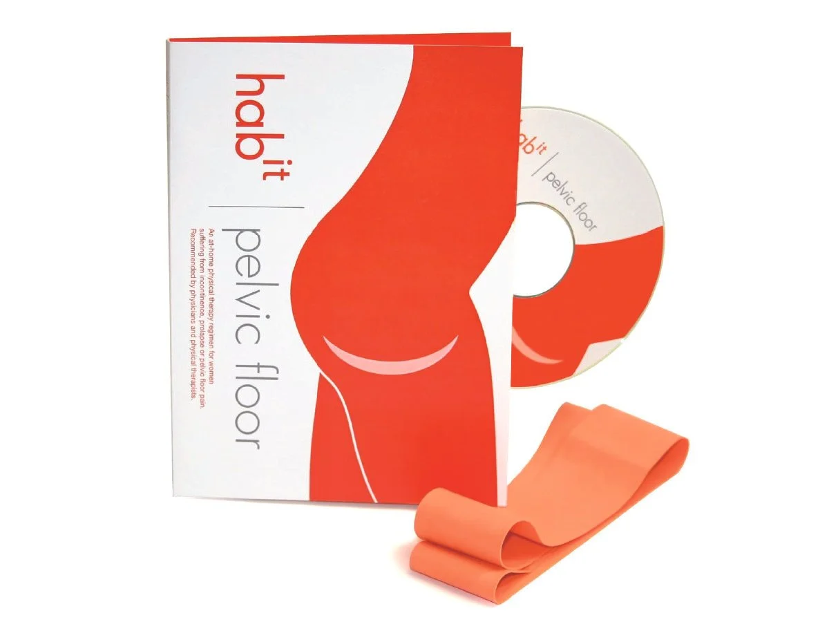 A box of Pelvic Floor HHP therapy product with a pelvic illustration, a DVD, and a folded orange exercise band.