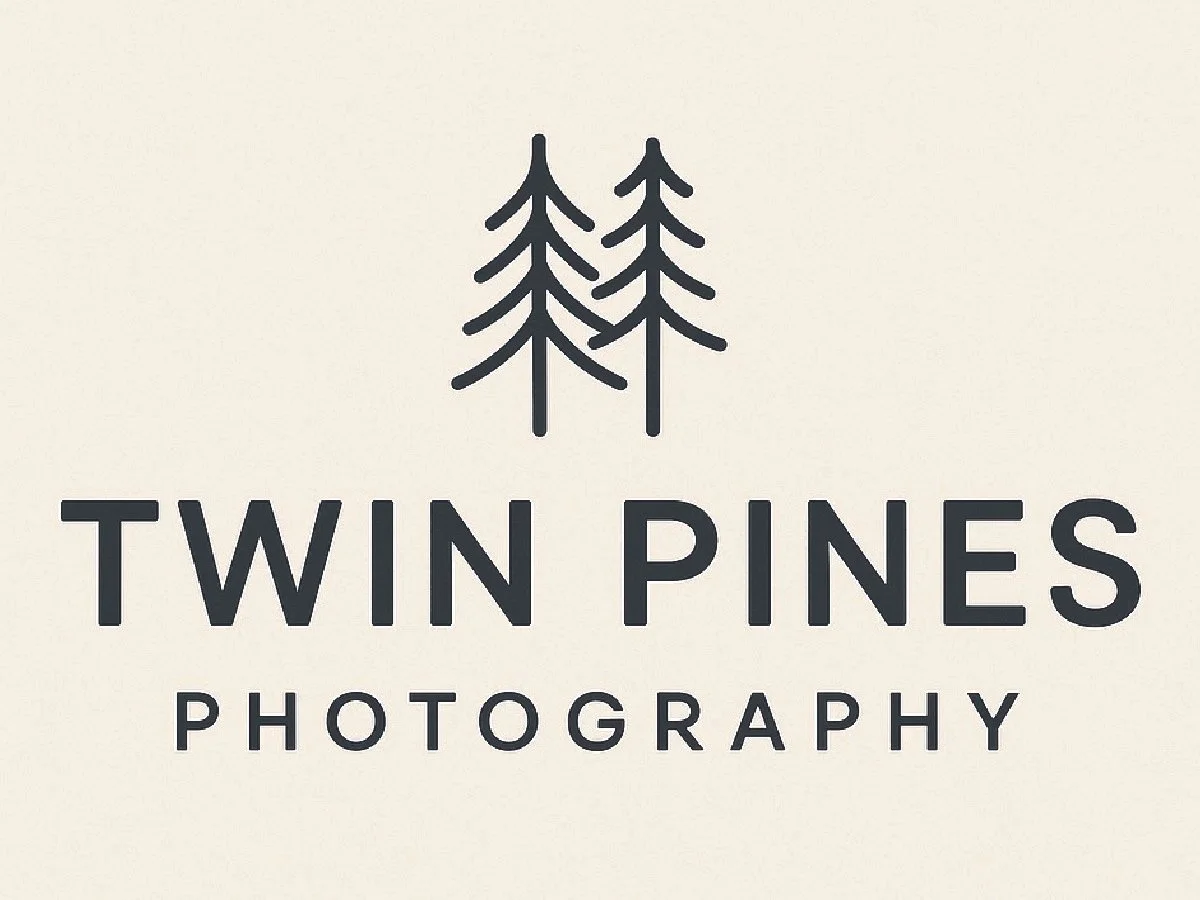 Logo for Twin Pines Photography with three pine trees above the text.