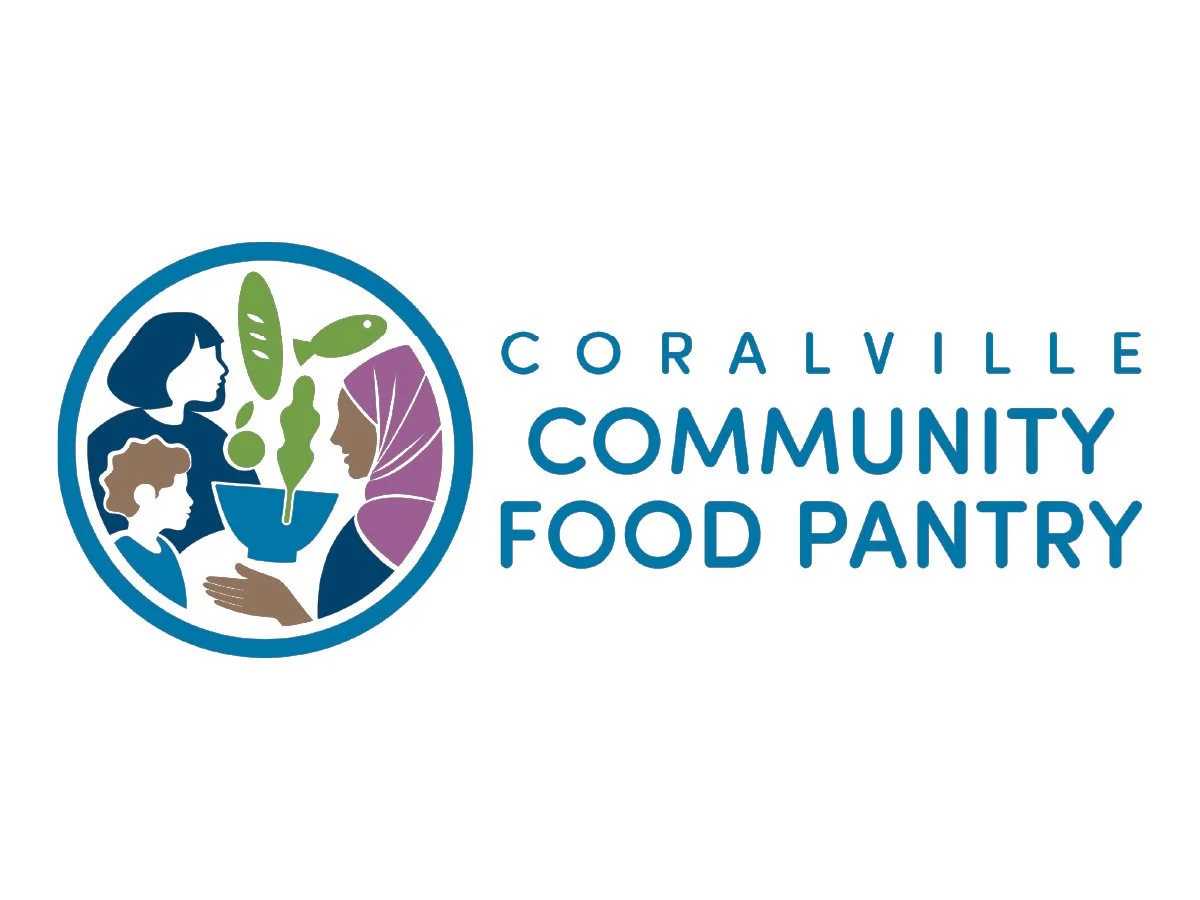 Logo for Coralville Community Food Pantry featuring illustrations of diverse people holding a bowl with vegetables, fish, and a plant.