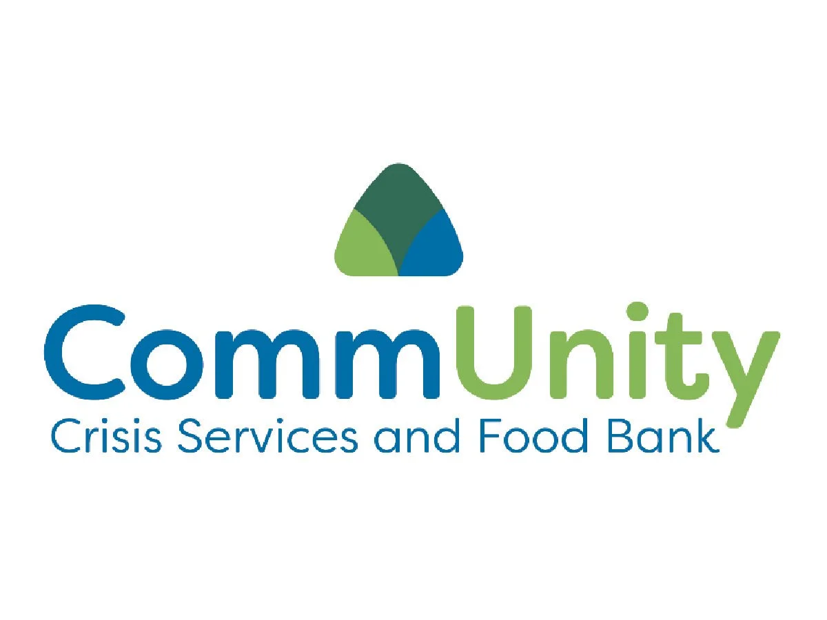 Logo for Community Crisis Services and Food Bank featuring a stylized icon and green and blue text.