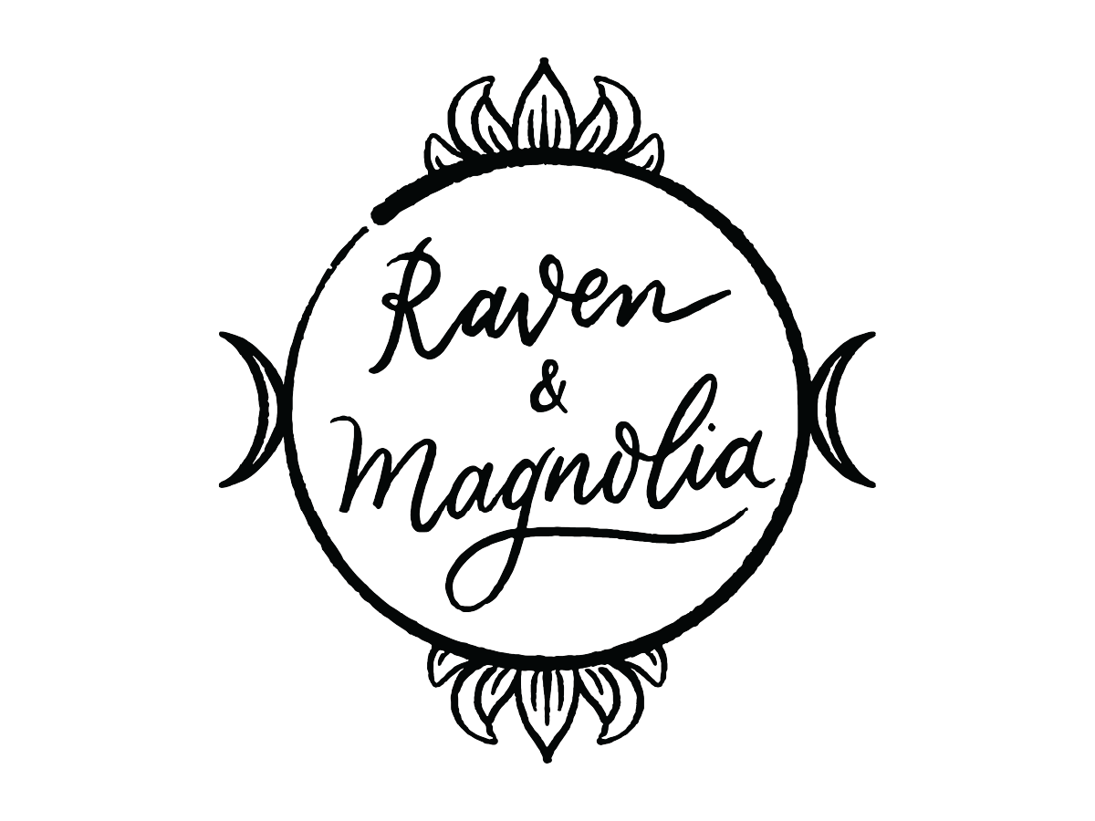 Logo with the text 'Raven & Magnolia' inside a circle, decorated with fire-like designs on top and bottom, and fish swimming on the sides.