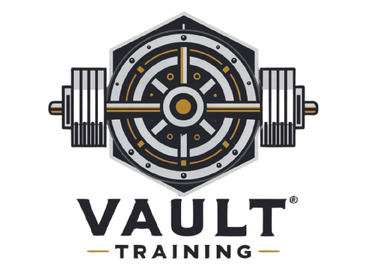 Logo featuring a stylized vault door with a barbell slice in the middle, and the words "Vault Training" underneath.