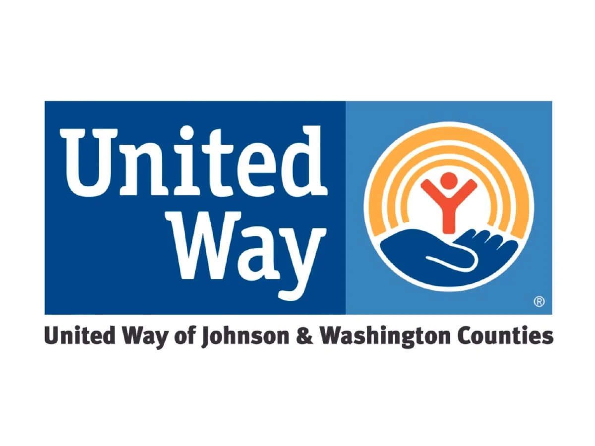 Logo of United Way of Johnson & Washington Counties with text and a graphic of a hand, rainbow, and person.