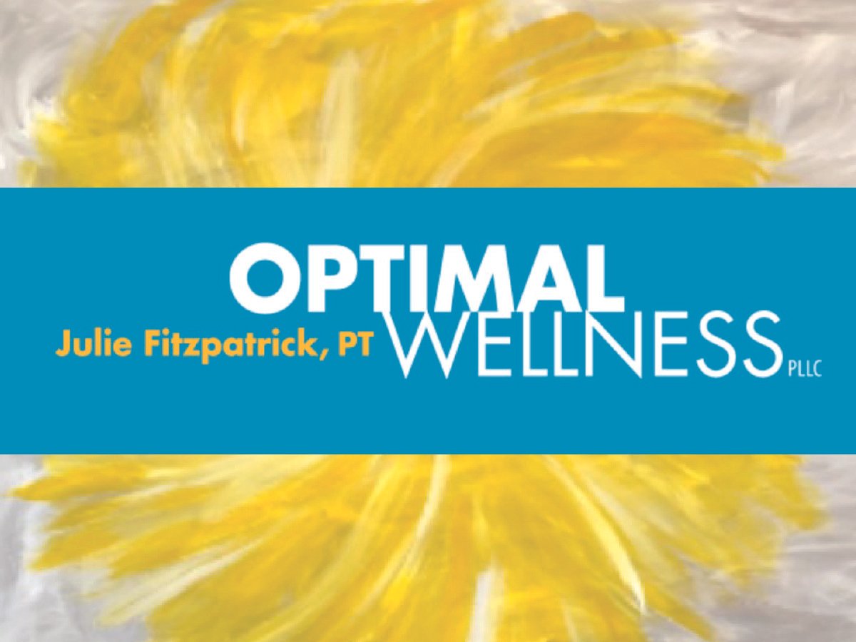 Business card for Julie Fitzpatrick, PT, from Optimal Wellness, featuring a blue background with white and yellow text, over a yellow abstract background
