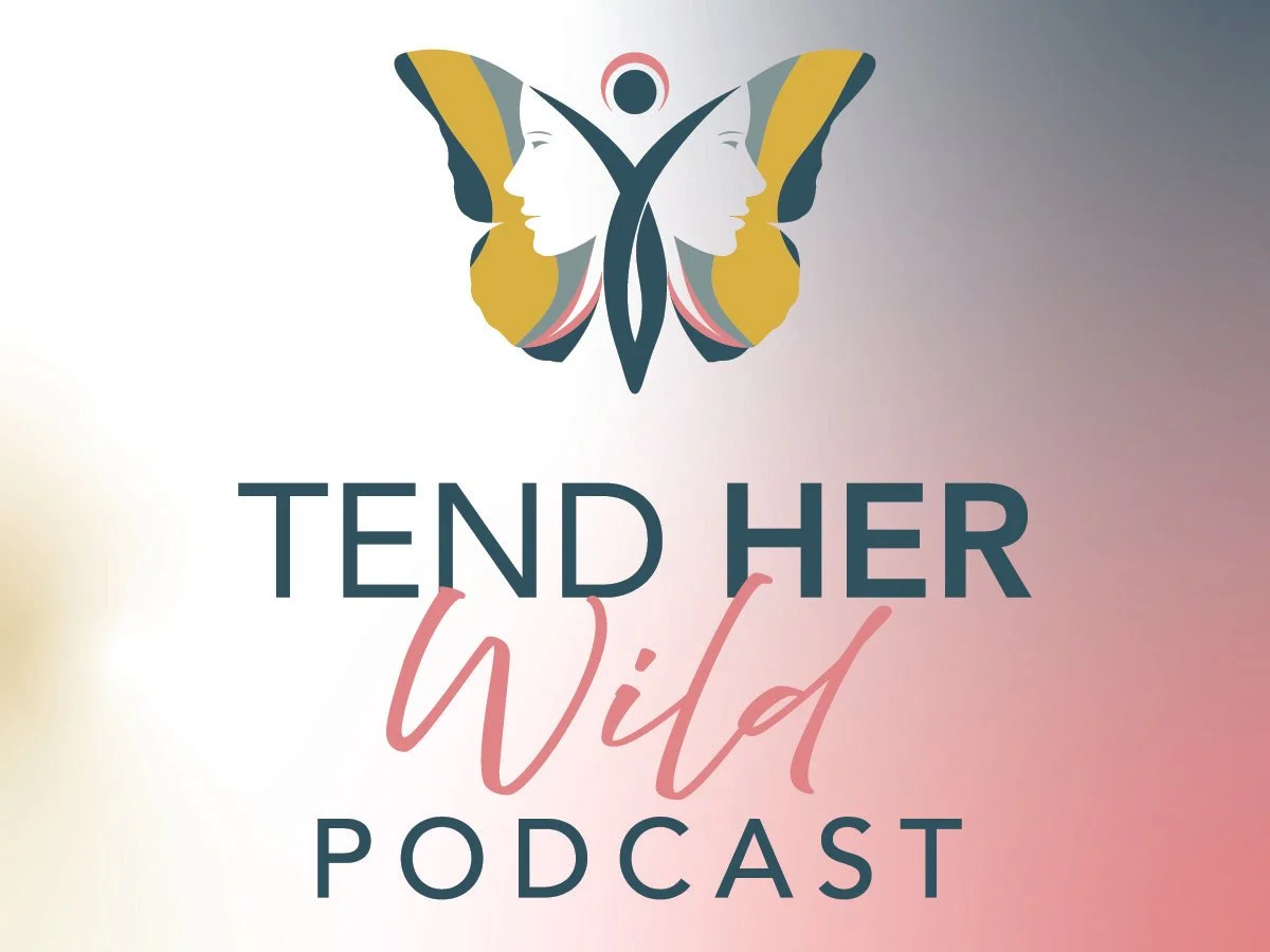 Podcast logo with butterfly design featuring human profiles and the text 'Tend Her Wild Podcast'