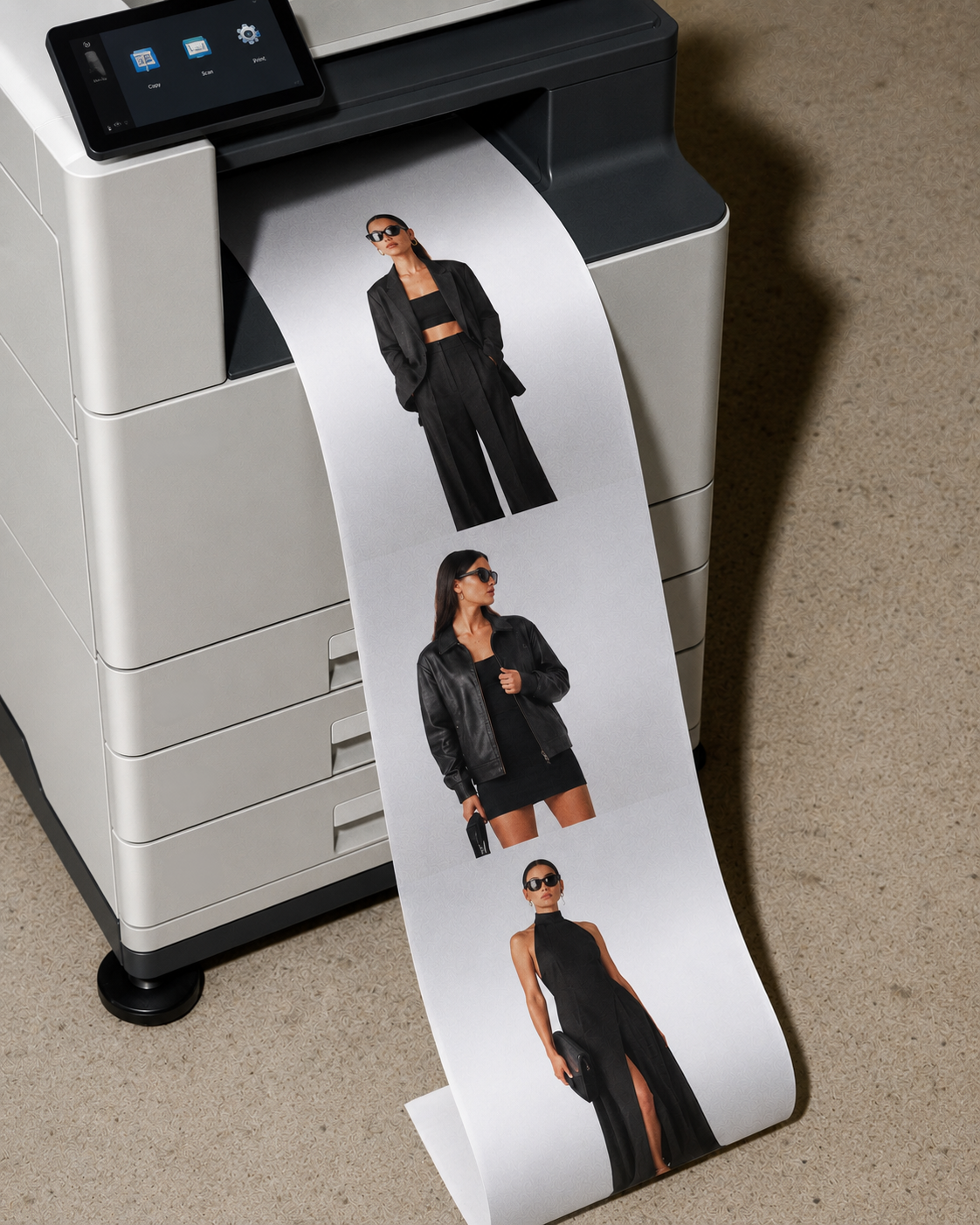 Printer printing a sheet of paper with images of a woman modeling different black outfits, including a suit, leather jacket, and dress, all wearing sunglasses.