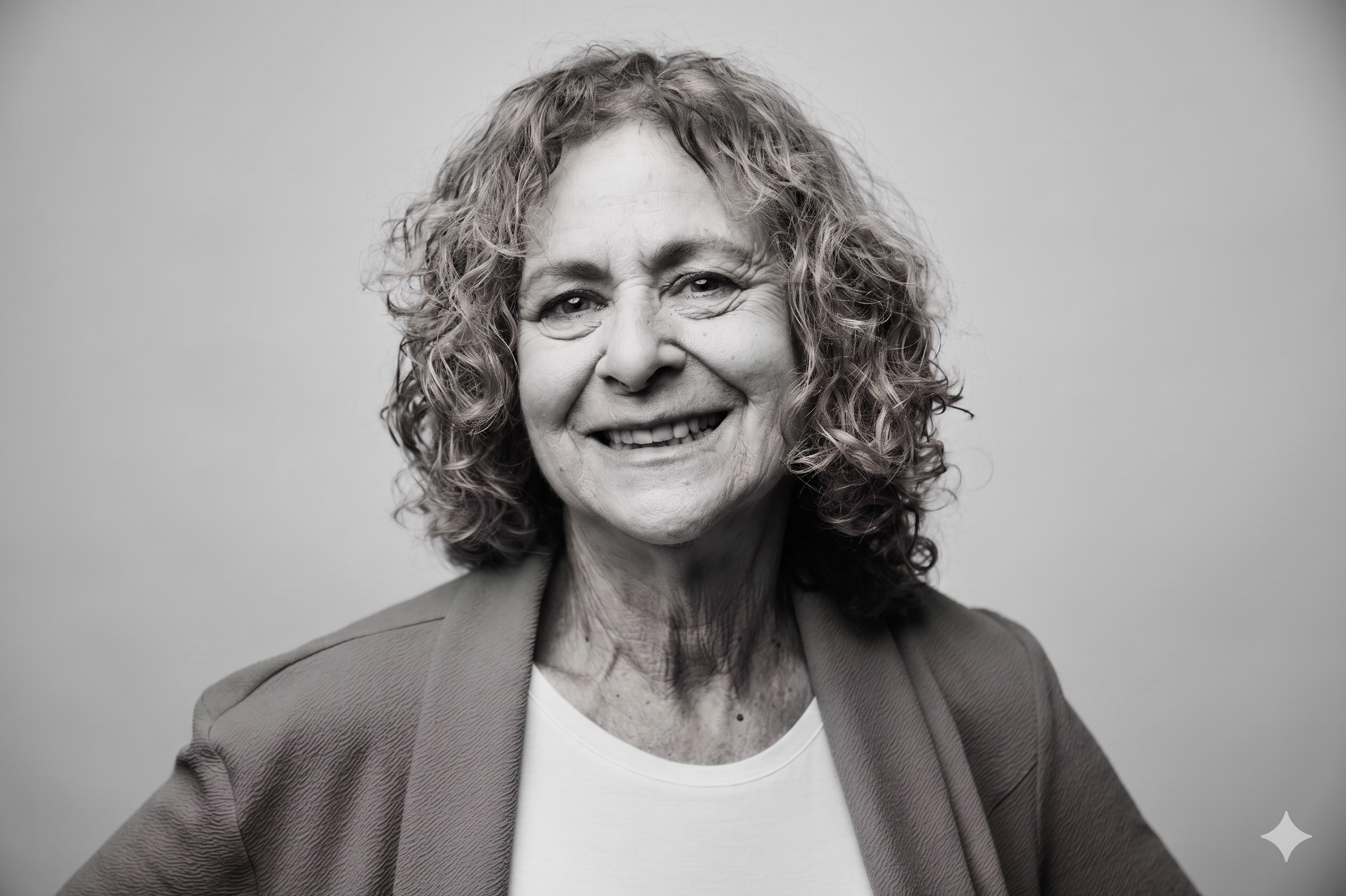 A black and white portrait of an older woman with curly hair smiling and wearing a blazer and white shirt.