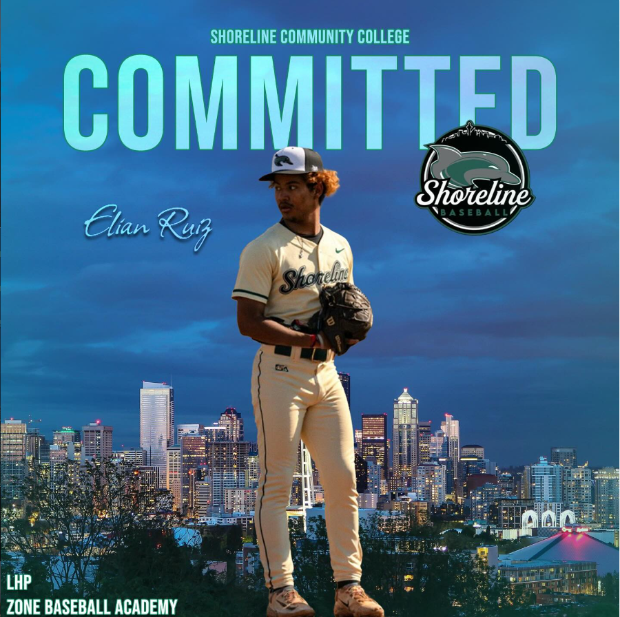 A young baseball player in a Beach City, Washington uniform standing in front of a city skyline during dusk, with the words "Committed" and his name Elian Ruiz, along with the Shoreline Community College and Baseball logos.
