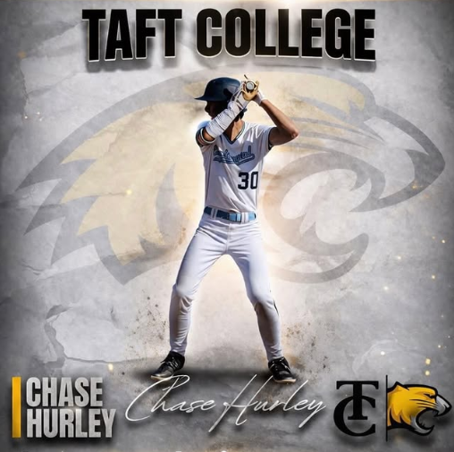 A baseball player in a uniform holding a bat, standing in front of a Taft College background with the name Chase Hurley and number 30, along with logos of Taft College and a tiger mascot.