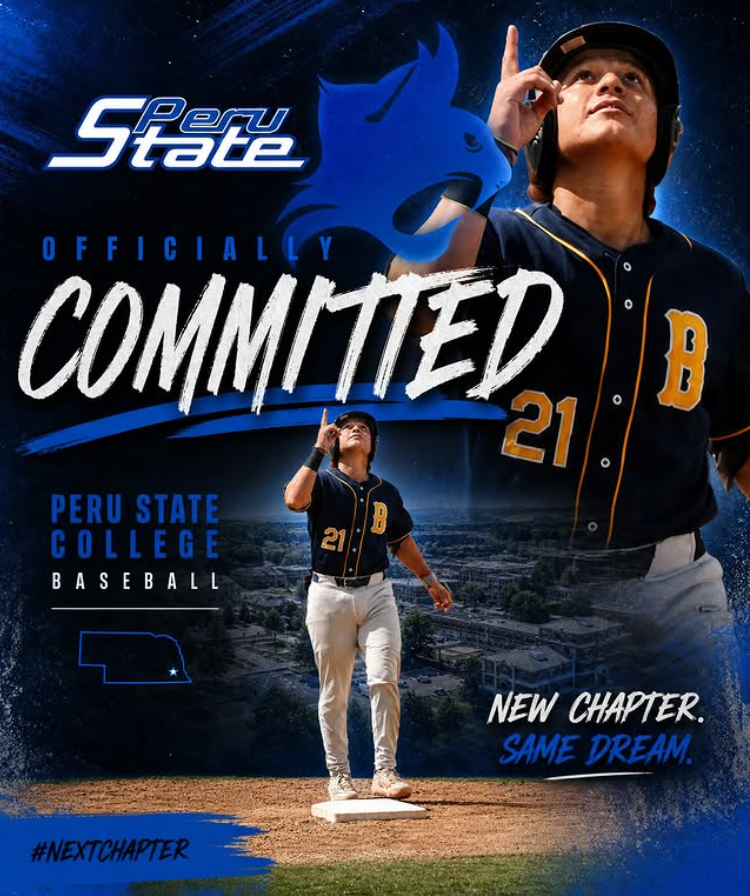 Peru State College baseball player wearing jersey number 21 with a large blue horse logo behind him, pointing upward, with text indicating official commitment to Peru State College, featuring the words 'New chapter. Same dream.' and a hashtag #NextChapter.