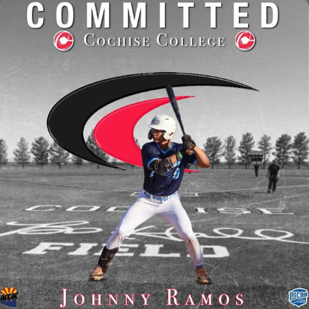 A baseball player in uniform holding a bat in a batting stance on a field with a painted logo. The background features trees and a gray sky, with the words 'Committed Cochise College' and the name 'Johnny Ramos' at the bottom.
