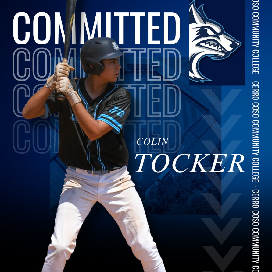 Young baseball player in black and blue uniform, wearing a helmet and holding a bat, with a blue background and text that reads 'Committed' and 'Colin Tocker,' featuring a wolf logo for Cerro Coso Community College.