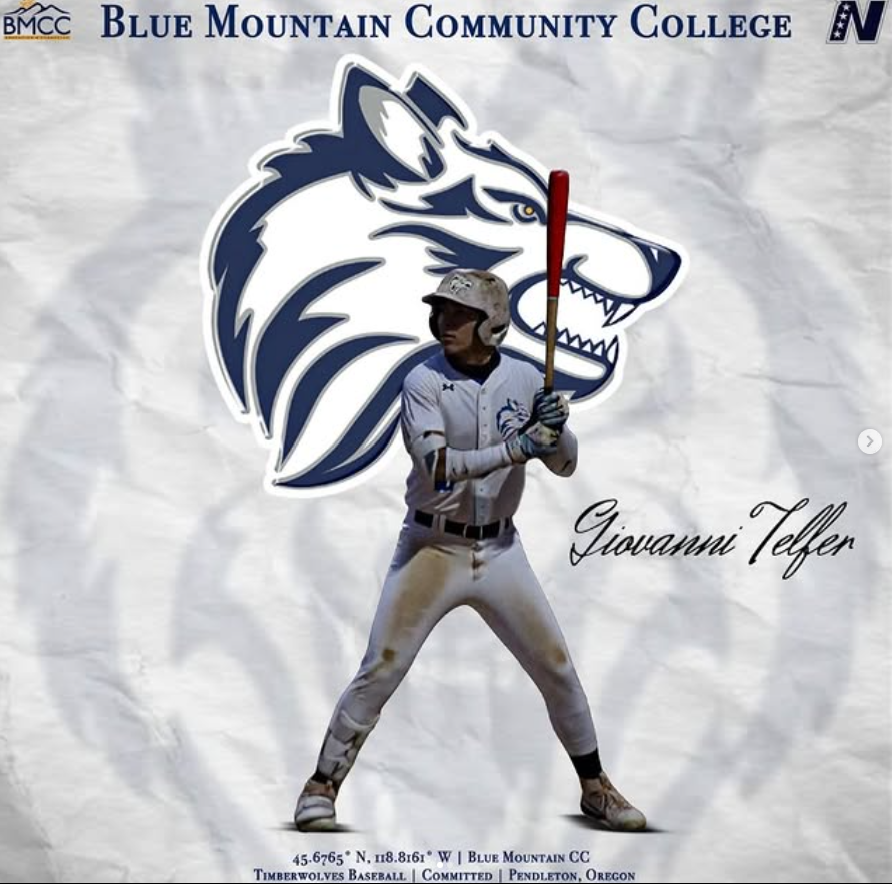 A promotional poster for Blue Mountain Community College featuring a baseball player in uniform, holding a bat, with a large blue and white wolf logo in the background. The player's name, Giovanni Telfer, is written in cursive. The poster includes college names and location details.