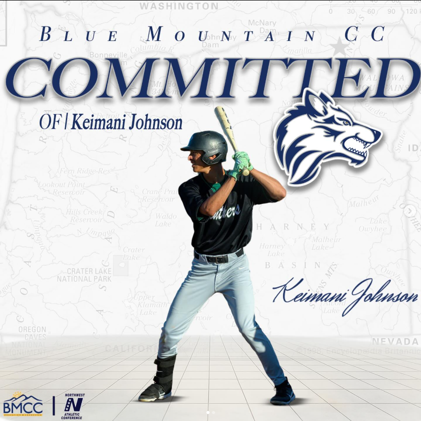 A young baseball player in a batting stance wearing a black helmet, black jersey, gray pants, and green gloves, with a Spokane Chiefs logo and mention of Keimani Johnson, set against a background of a map with a blue mountain logo and text indicating a commitment.