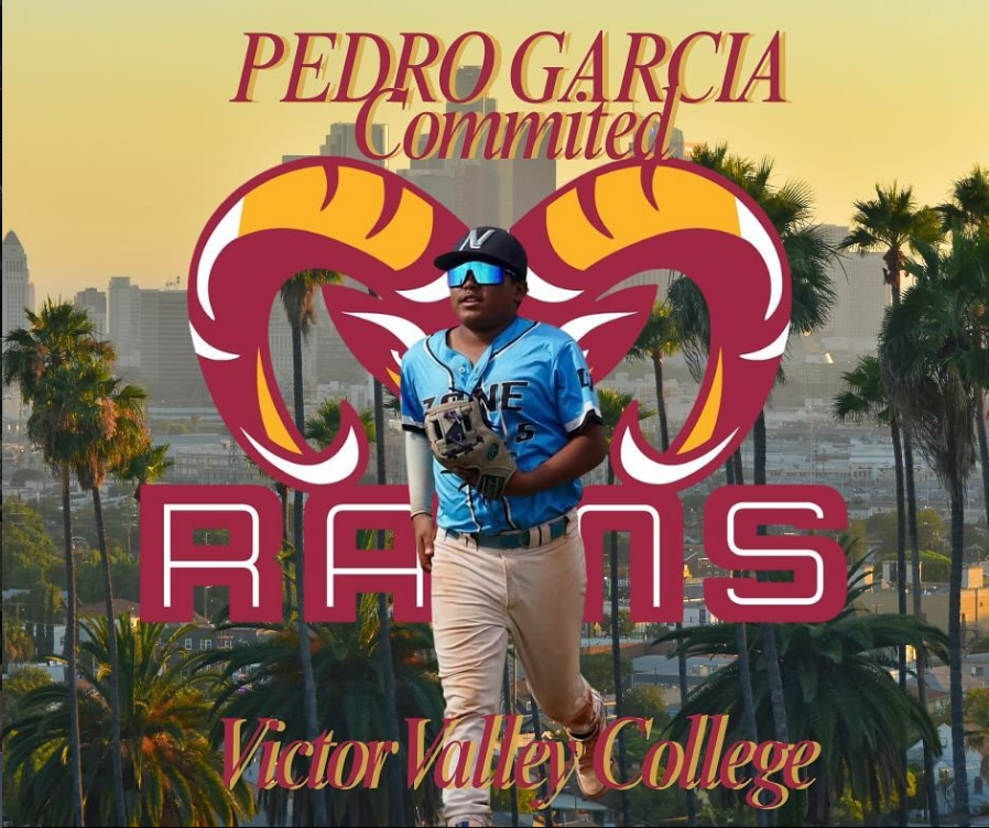 A baseball player in a blue uniform and cap, wearing sunglasses, holding a glove, standing in front of a PedriGarcía Commited Rans logo with a background of palm trees and a city skyline.