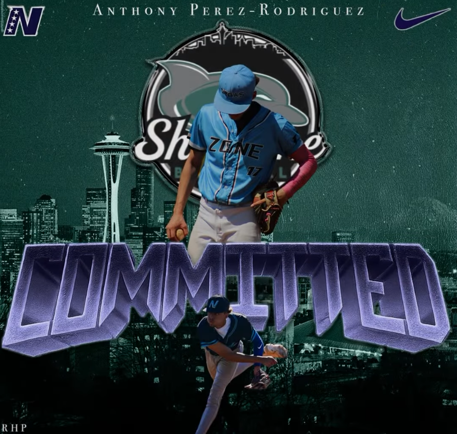 Graphic featuring baseball player Anthony Perez-Rodriguez in a blue uniform with 'ZONE 17' on it, standing in front of a cityscape background, with a large purple text that says 'COMMITTED.' The Seattle Space Needle and a skyline silhouette are visible, and the background includes the Seattle Seahawks logo and Nike logo.