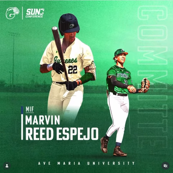 Graphic featuring a baseball player in uniform with a bat and a woman in a baseball uniform with a glove standing on a green background, promoting the SUN Conference with text about Marvin Reed Espejo from Ave Maria University.