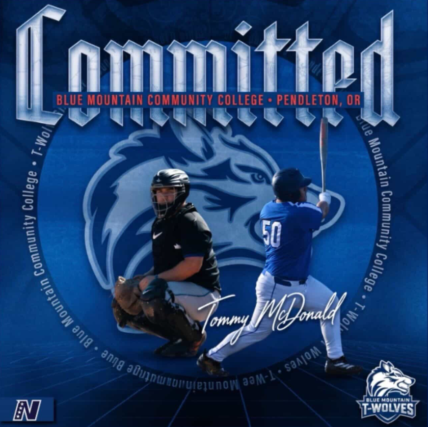 Graphic celebrating Tommy McDonald at Blue Mountain Community College in Pendleton, Oregon, featuring a baseball catcher and a batter in action, with the Blue Mountain T-Wolves logo.