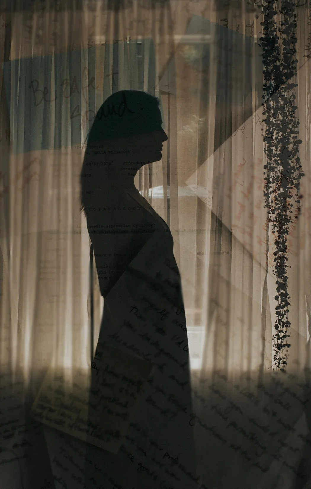 Silhouette of a woman standing behind a curtain, with sunlight coming through a window, creating a shadowed profile.