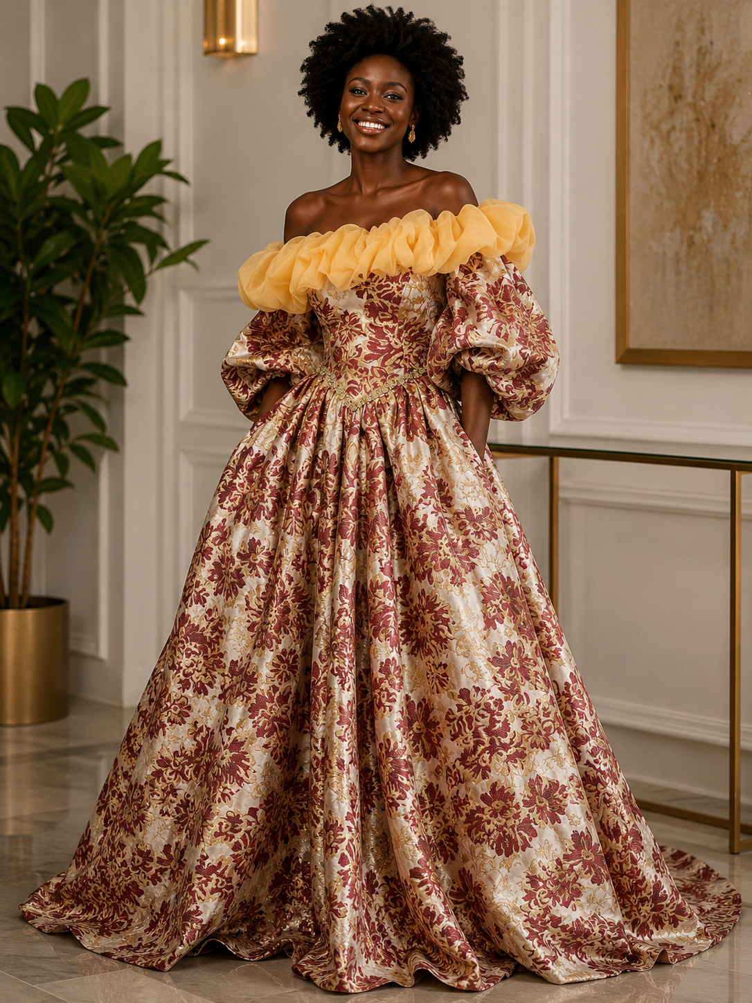 A woman wearing an ornate gold and red floral gown with puffed sleeves and yellow ruffle collar, standing indoors in front of a white wall with artwork and a plant. cheekychk