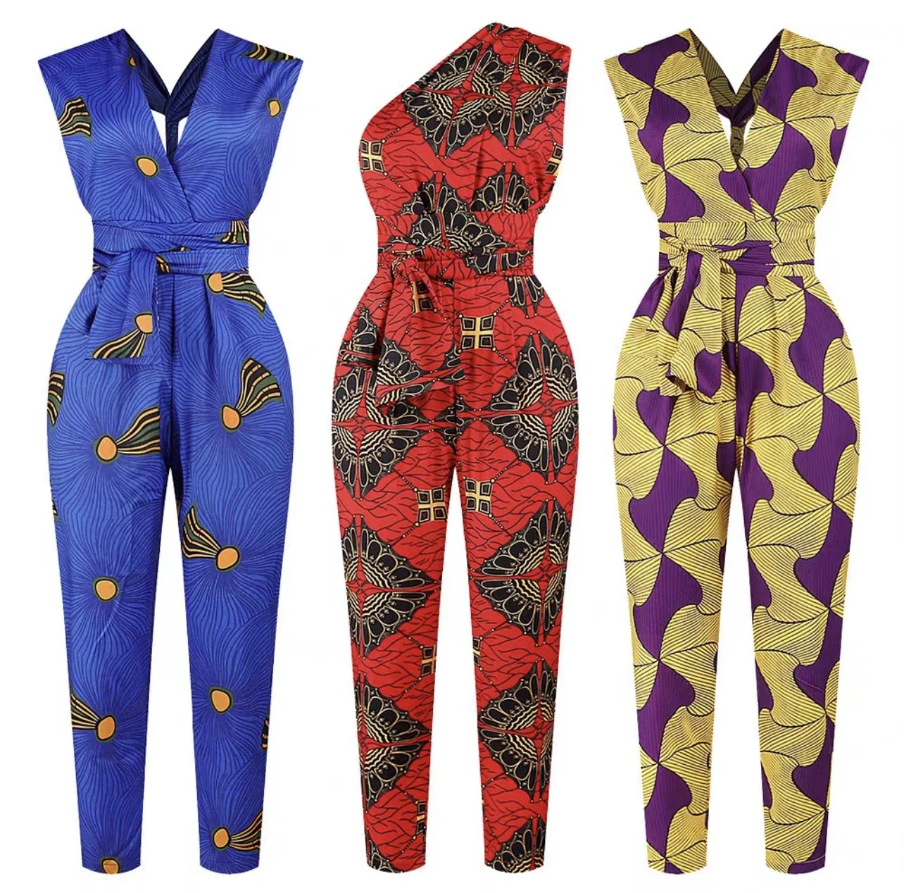 Three pairs of colorful women's jumpsuits with African-inspired patterns, in blue, red, and yellow with purple. cheekychk