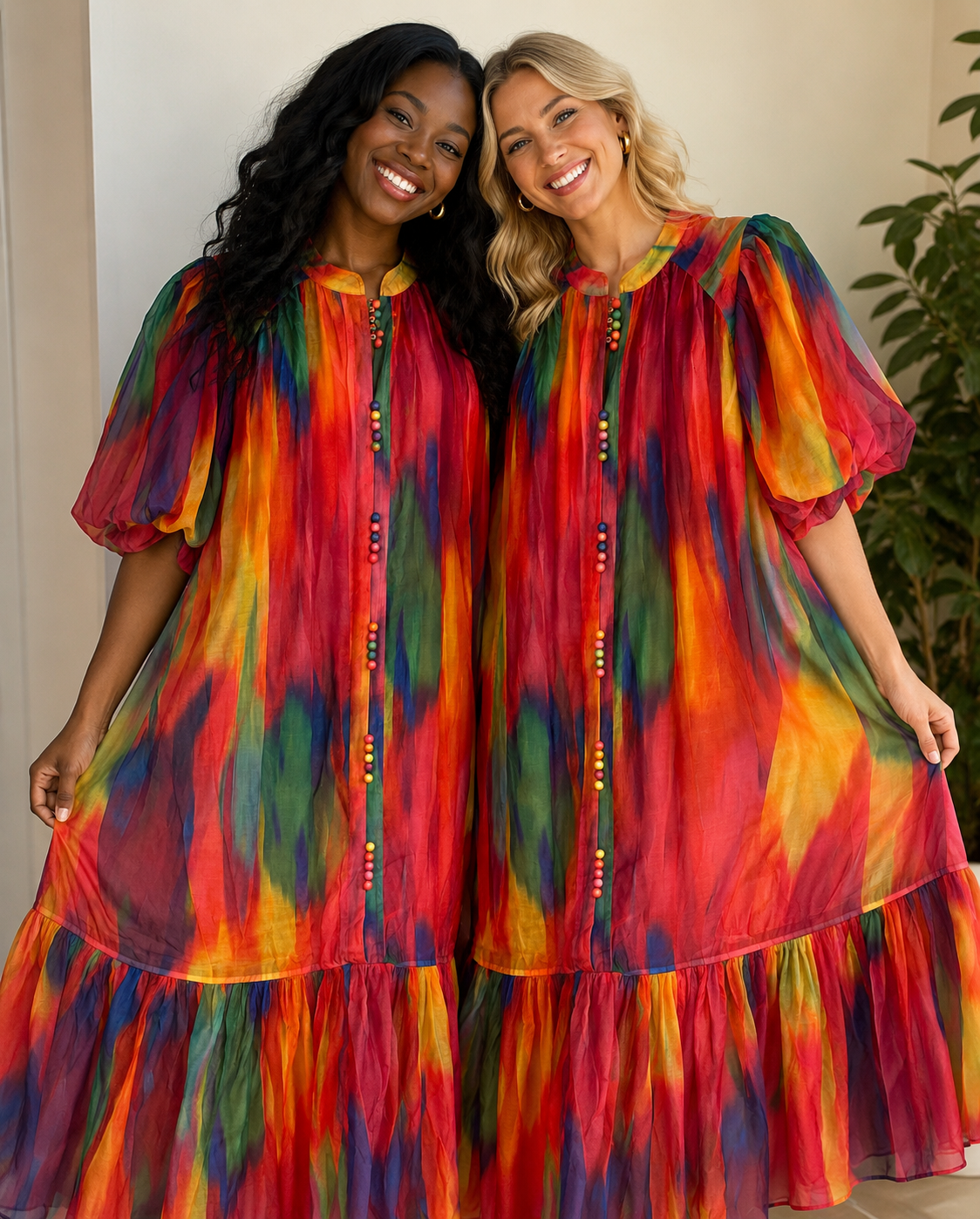 Two women standing side by side smiling, wearing matching colorful, rainbow-patterned dresses with puffed sleeves. cheekychk