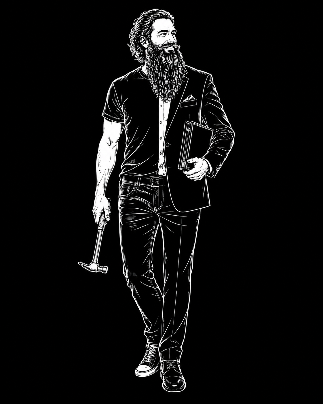Black and white digital drawing of a man with a beard, wearing a blazer, holding a folder in one hand and a hammer in the other, walking forward.
