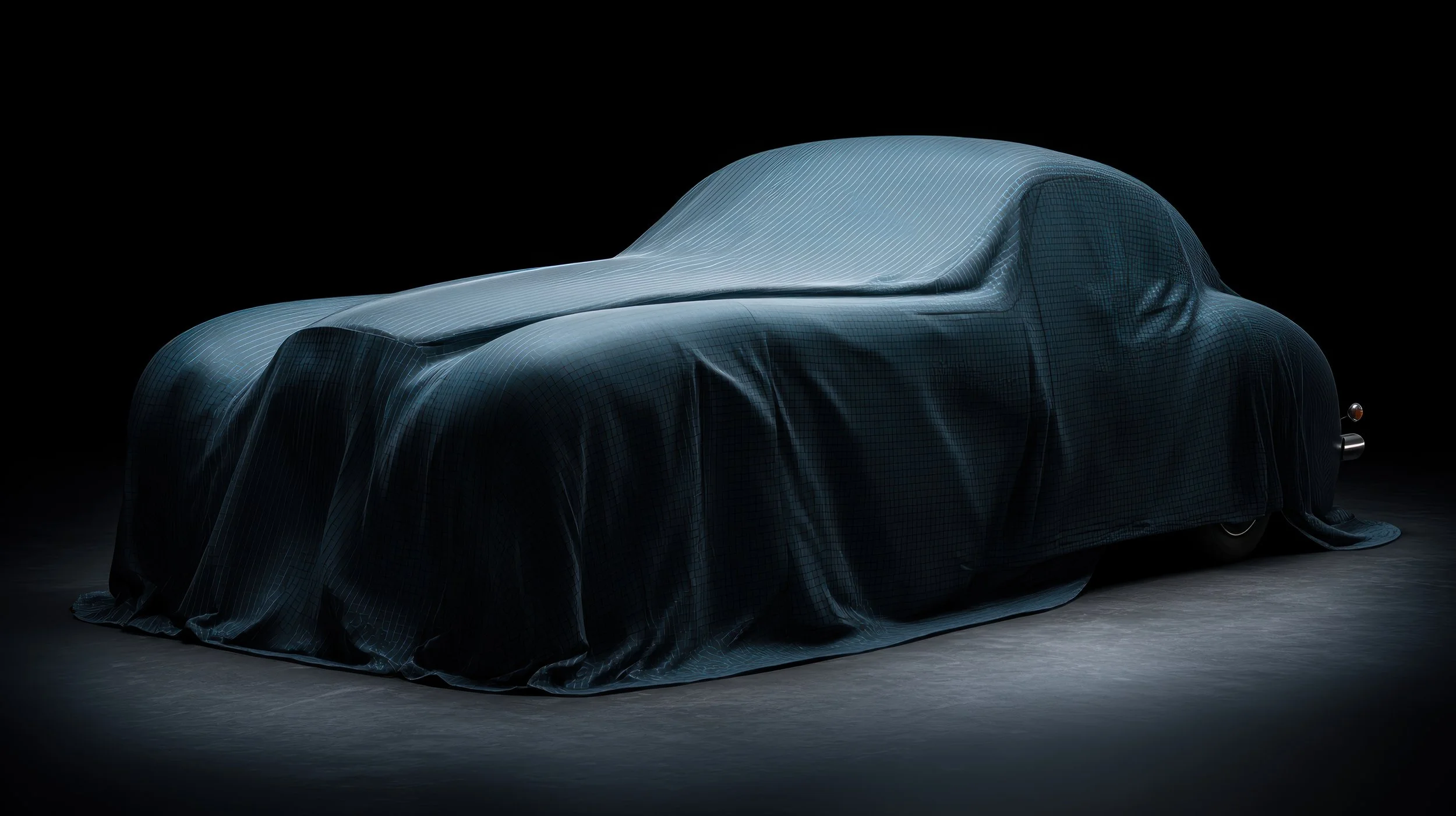 A sleek, futuristic car covered with a black cloth, revealing only its shape and some digital grid details underneath, on a dark background.