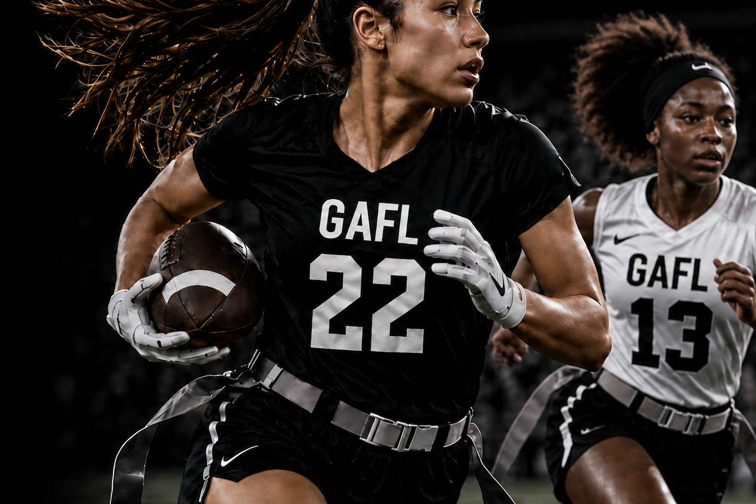 Two female football players running on the field, one in a black jersey holding a football and the other in a white jersey with the number 13, both wearing gloves and athletic gear, during a game at night.