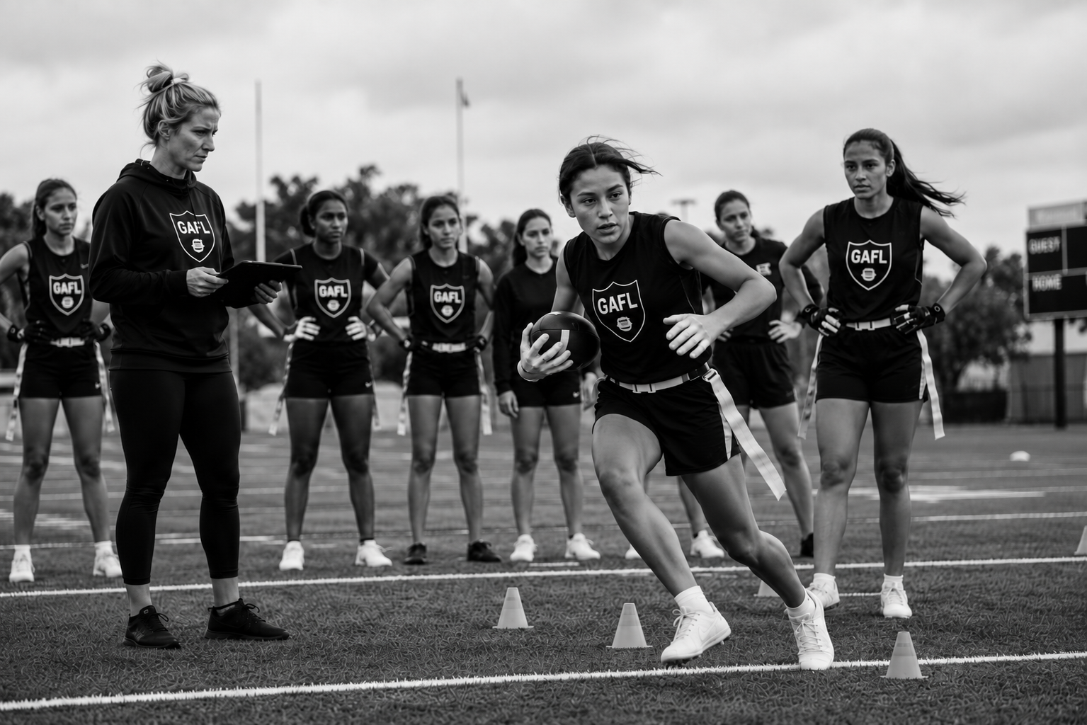 A group of female athletes in athletic uniforms practicing on a field, led by a coach with a clipboard, as one girl runs between cones while holding a football.