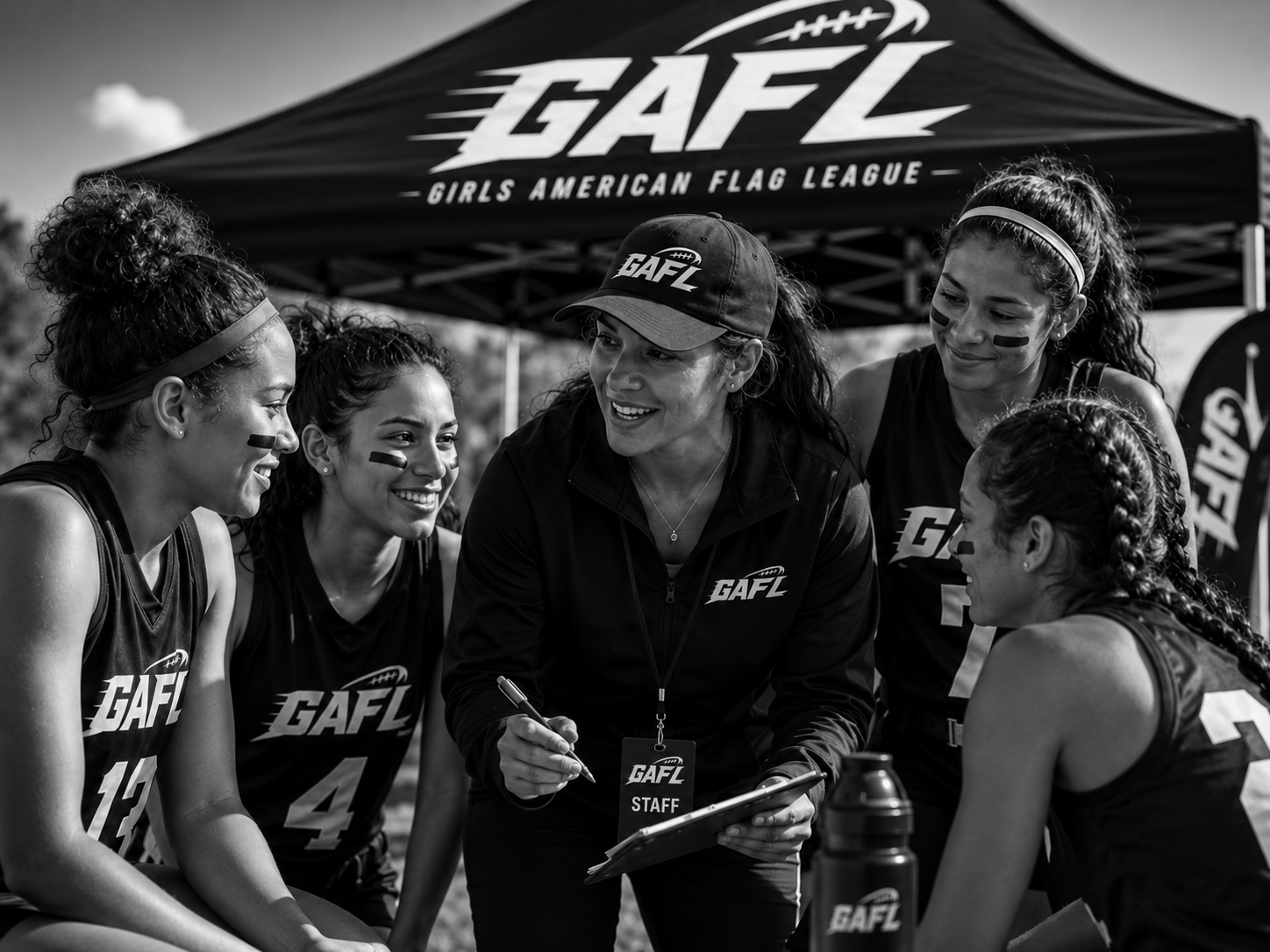 A group of young female football players and their coach in a huddle during an outdoor game or practice, under a tent with 'GAFL Girls American Flag League' written on it; they are smiling and talking, wearing sports uniforms and face paint.